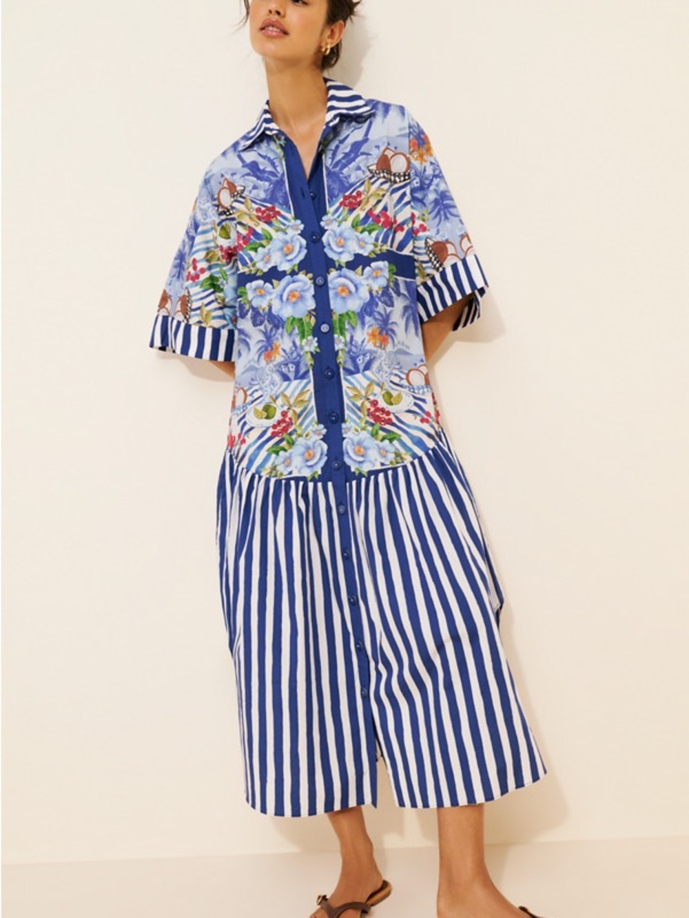 FARM Rio 100% COTTON Blue Floral & Stripe Maxi Shirt Dress